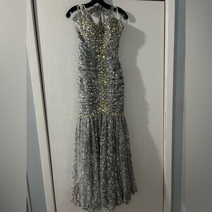 Elegant Gray and Gold Evening Gown